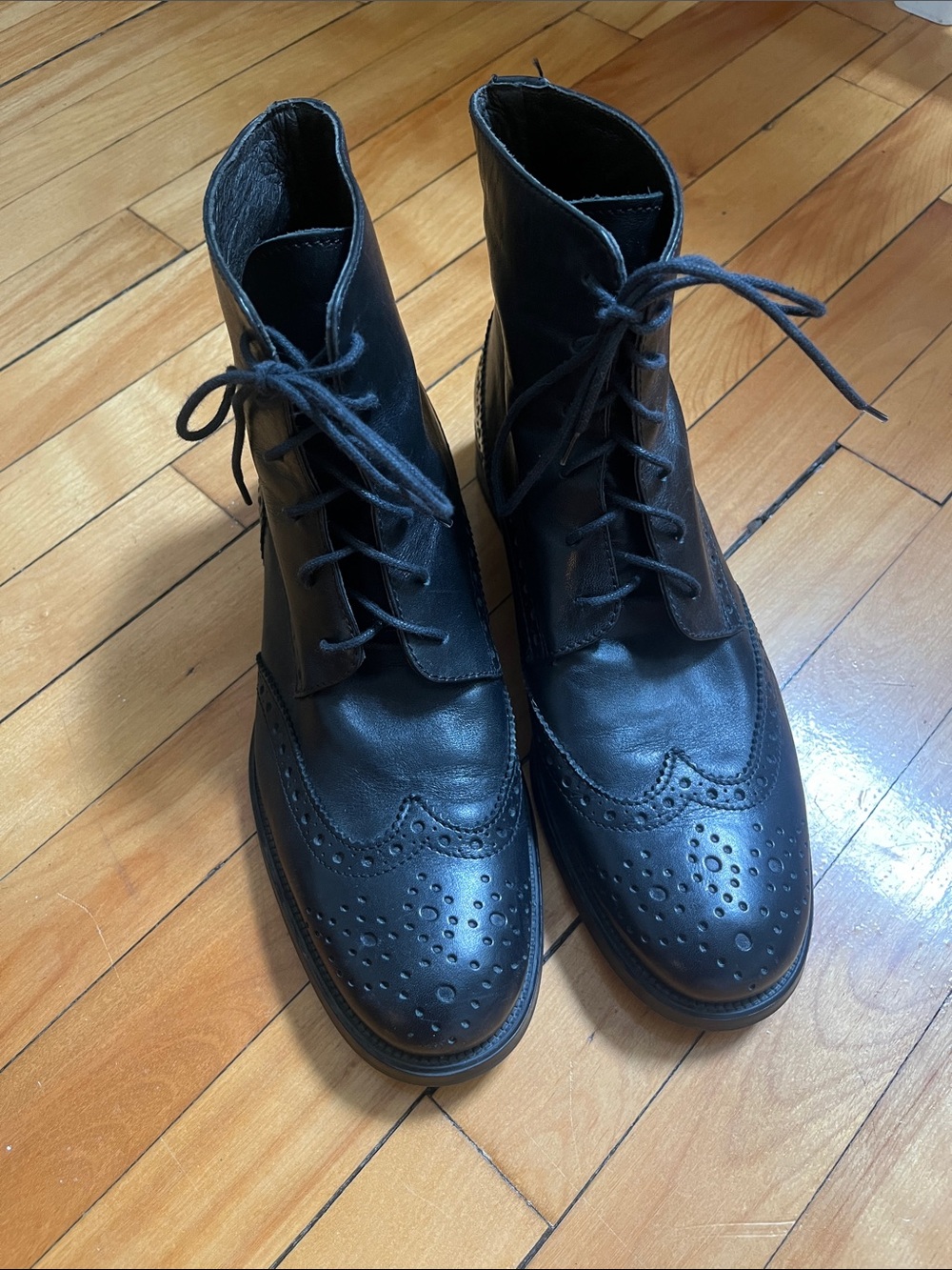 Black Leather Wingtip Lace-Up Boots